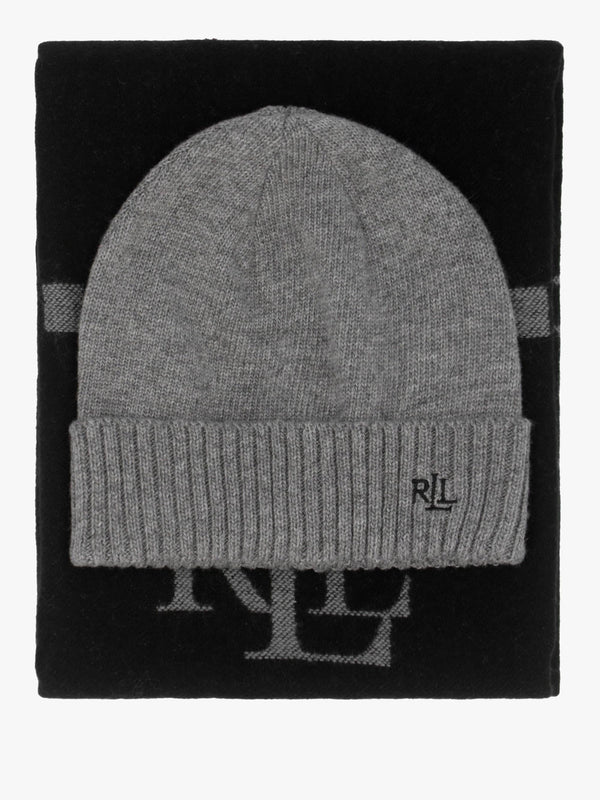 Logo Motif Black & Grey Scarf & Beanie Gift Set