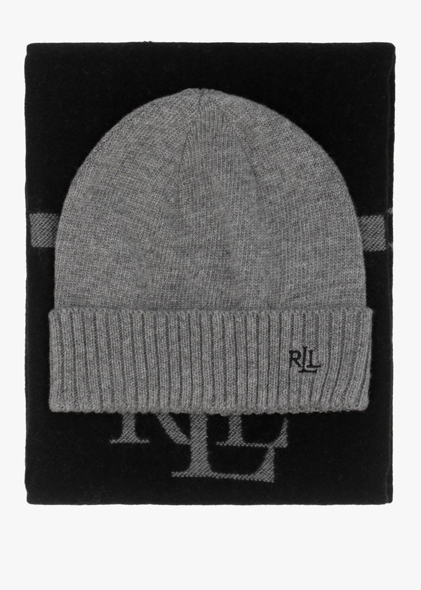 Logo Motif Black & Grey Scarf & Beanie Gift Set