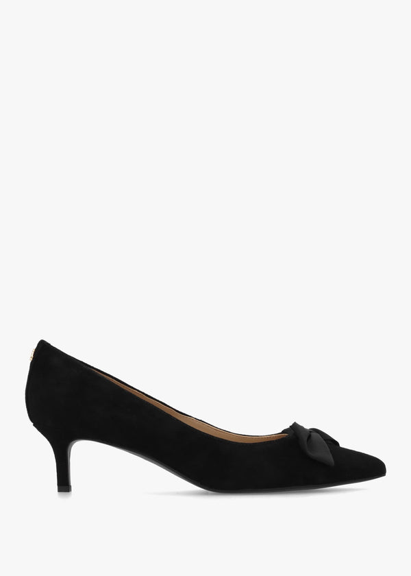 Adrienne Black Suede Bow Trim Kitten Heel Court Shoes
