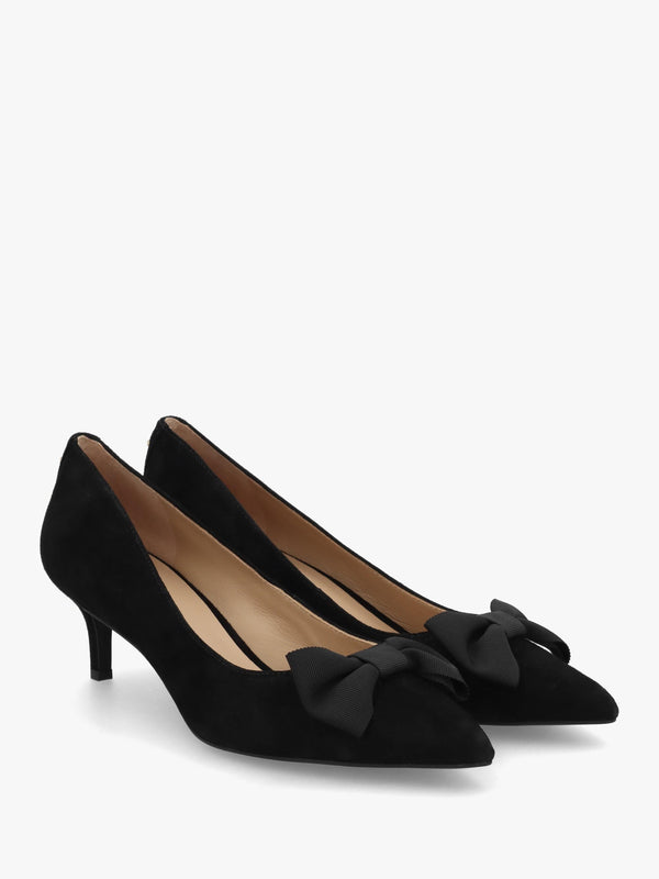 Adrienne Black Suede Bow Trim Kitten Heel Court Shoes