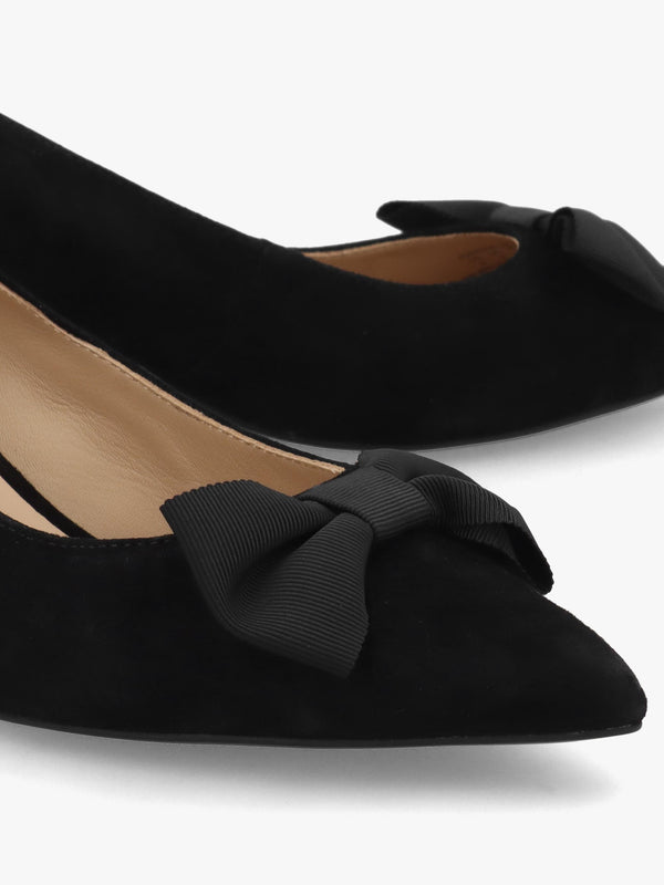 Adrienne Black Suede Bow Trim Kitten Heel Court Shoes