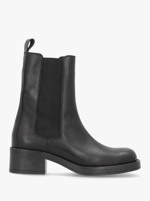 Black Leather Curved Square Toe Block Heel Chelsea Boots