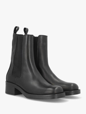 Black Leather Curved Square Toe Block Heel Chelsea Boots