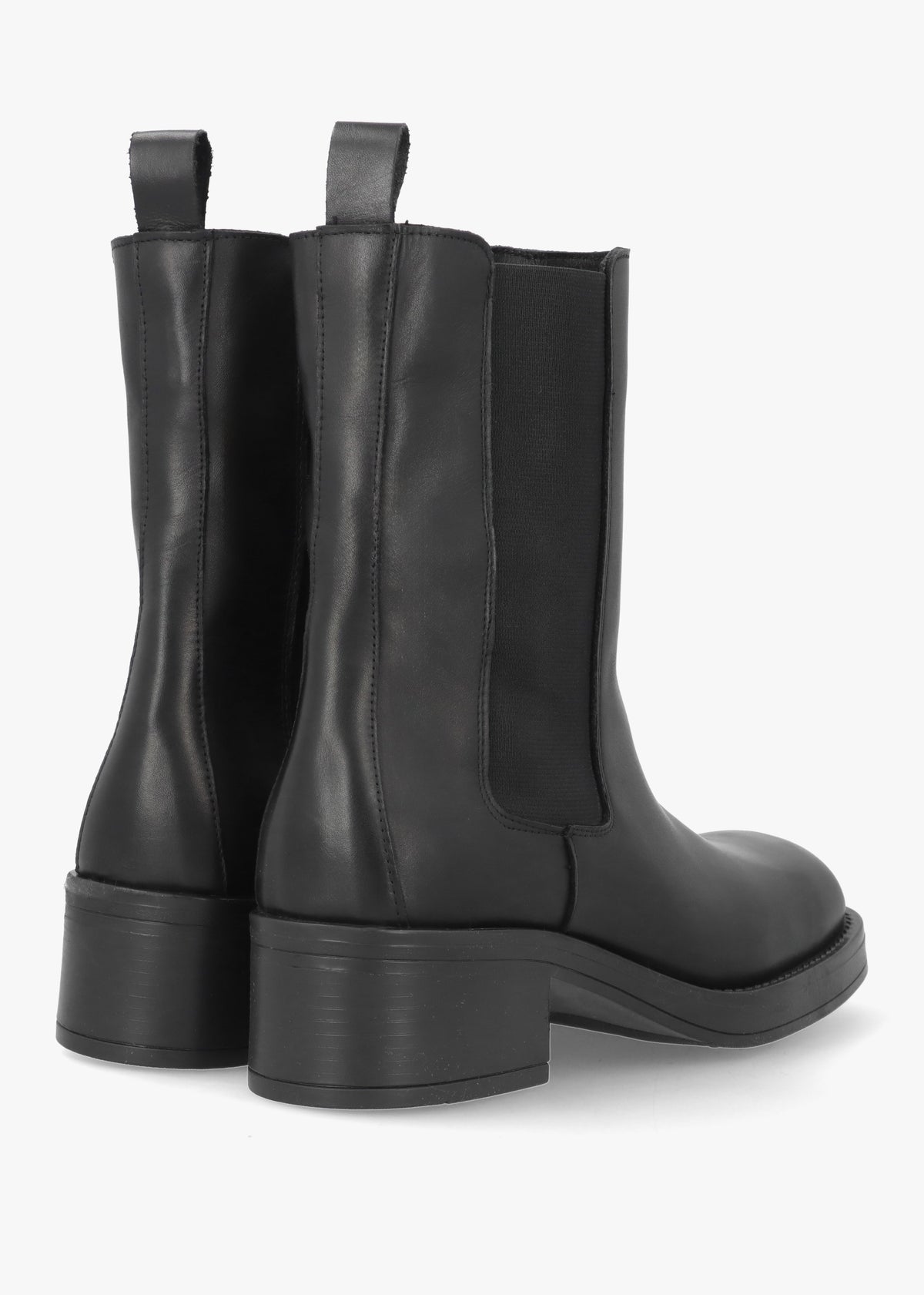 Black Leather Curved Square Toe Block Heel Chelsea Boots