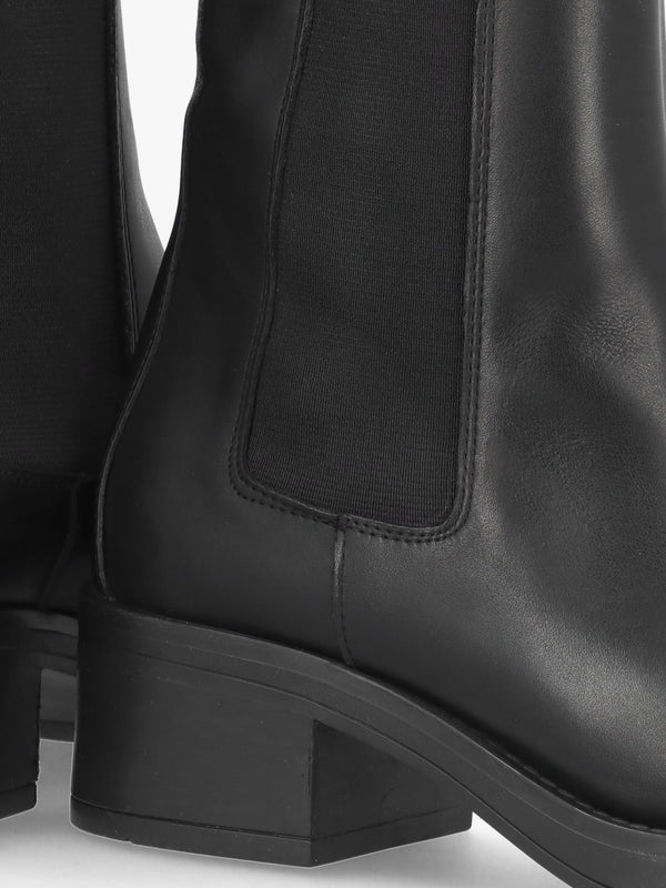 Black Leather Curved Square Toe Block Heel Chelsea Boots