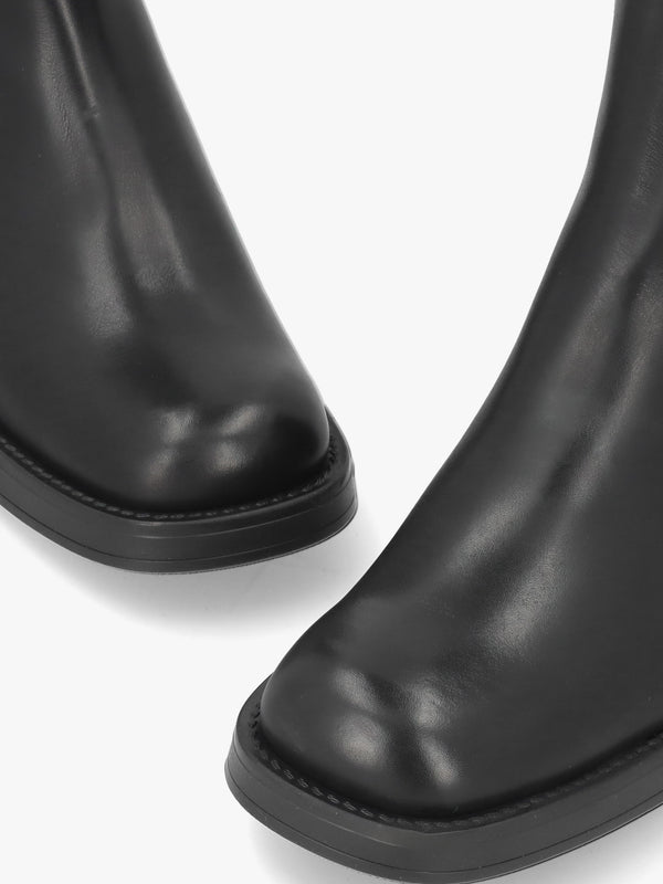 Black Leather Curved Square Toe Block Heel Chelsea Boots