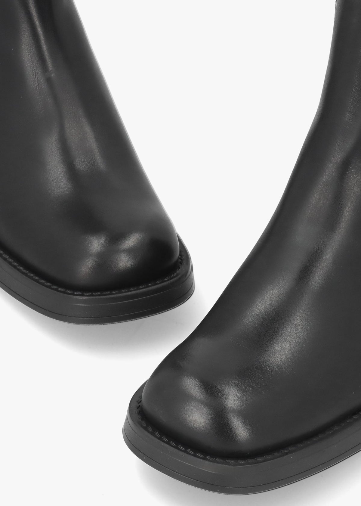 Black Leather Curved Square Toe Block Heel Chelsea Boots
