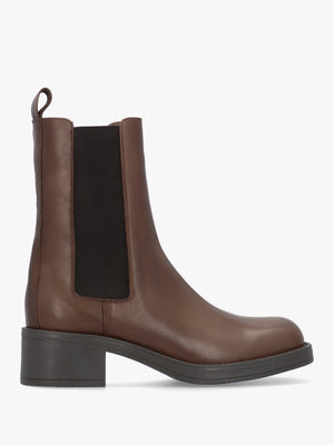 Light Brown Leather Curved Square Toe Block Heel Chelsea Boots