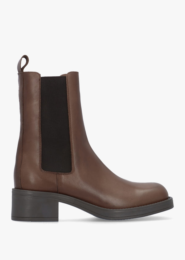 Light Brown Leather Curved Square Toe Block Heel Chelsea Boots