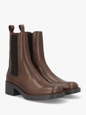 Light Brown Leather Curved Square Toe Block Heel Chelsea Boots