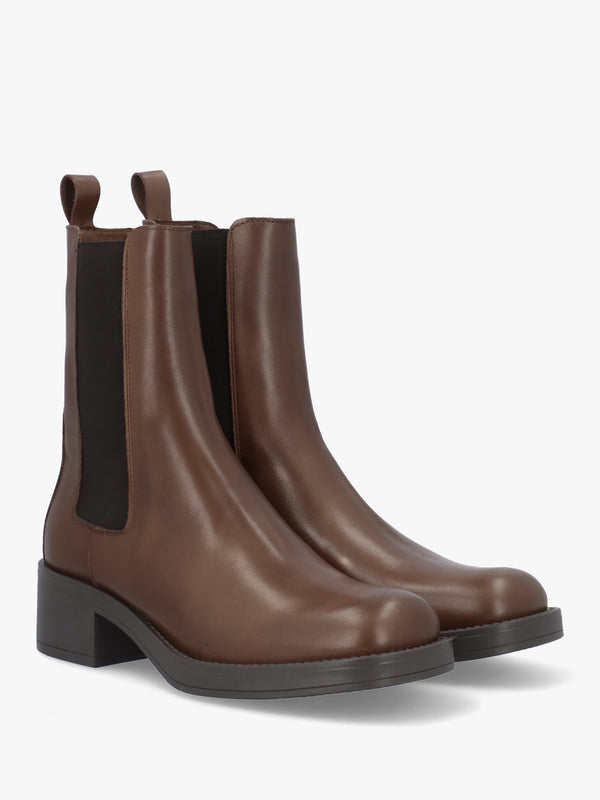 Light Brown Leather Curved Square Toe Block Heel Chelsea Boots