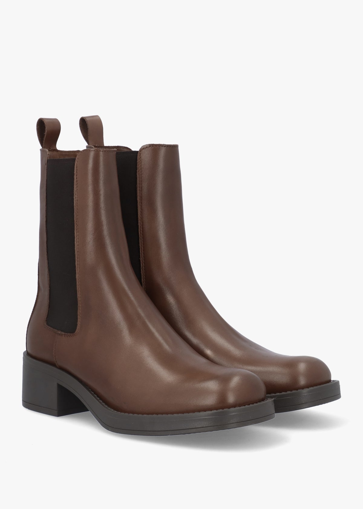 Light Brown Leather Curved Square Toe Block Heel Chelsea Boots
