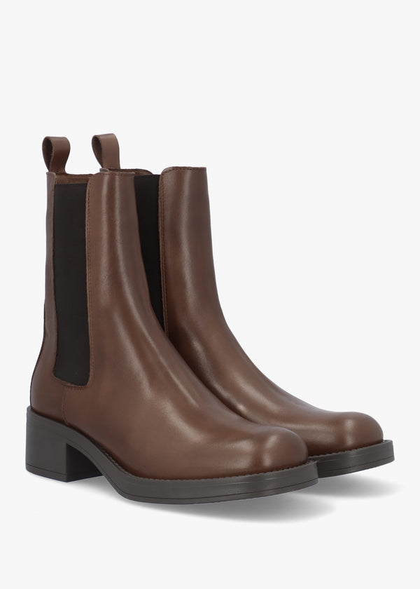 Light Brown Leather Curved Square Toe Block Heel Chelsea Boots