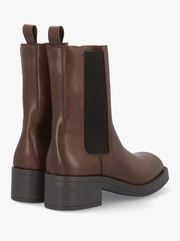 Light Brown Leather Curved Square Toe Block Heel Chelsea Boots