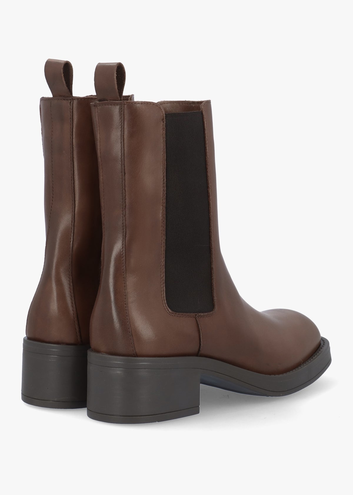 Light Brown Leather Curved Square Toe Block Heel Chelsea Boots