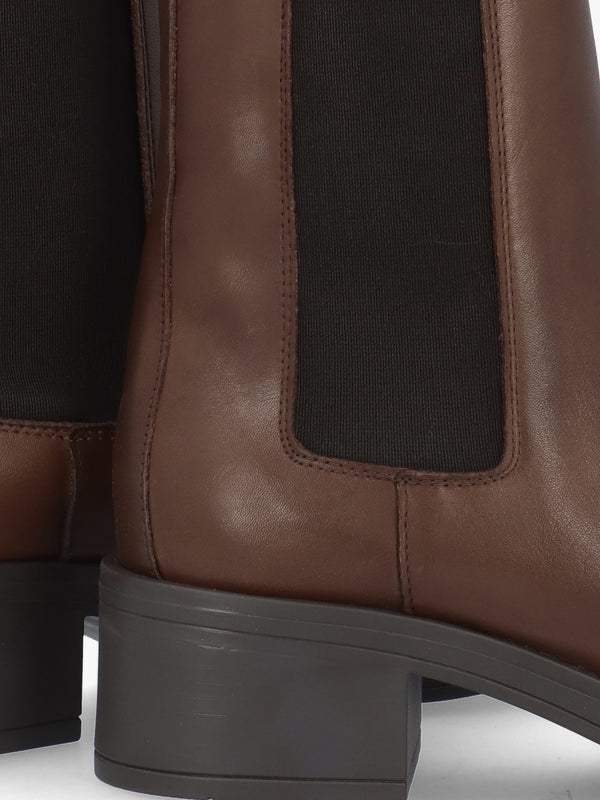 Light Brown Leather Curved Square Toe Block Heel Chelsea Boots