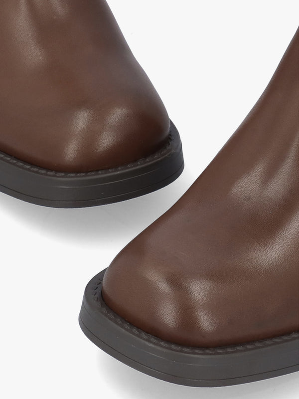 Light Brown Leather Curved Square Toe Block Heel Chelsea Boots