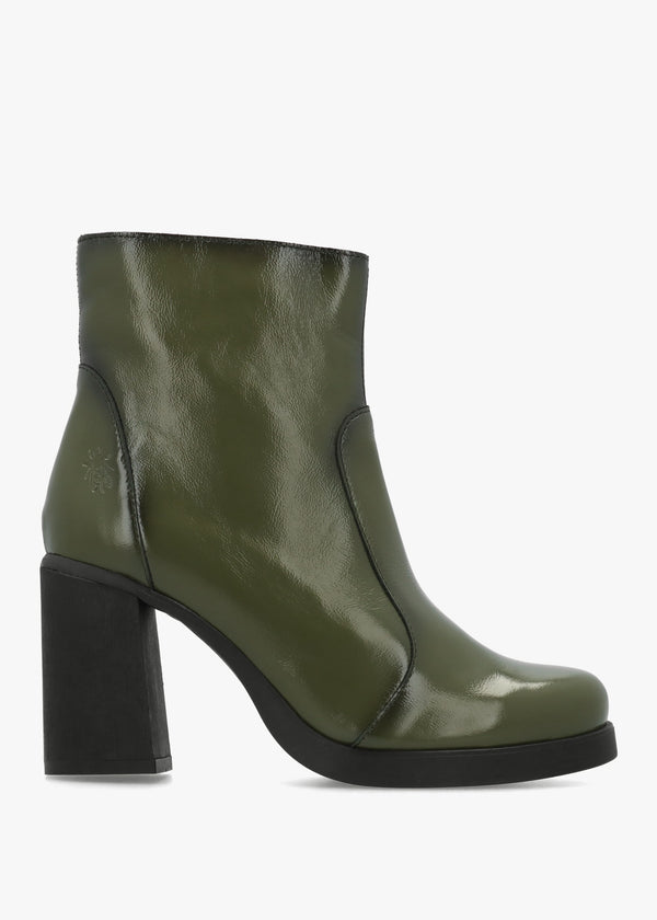 Siju Green Patent Leather Block Heel Ankle Boots