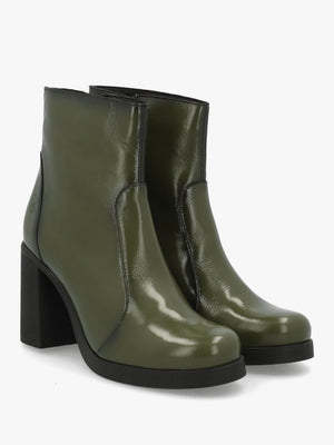 Siju Green Patent Leather Block Heel Ankle Boots