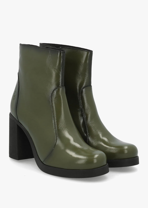 Siju Green Patent Leather Block Heel Ankle Boots