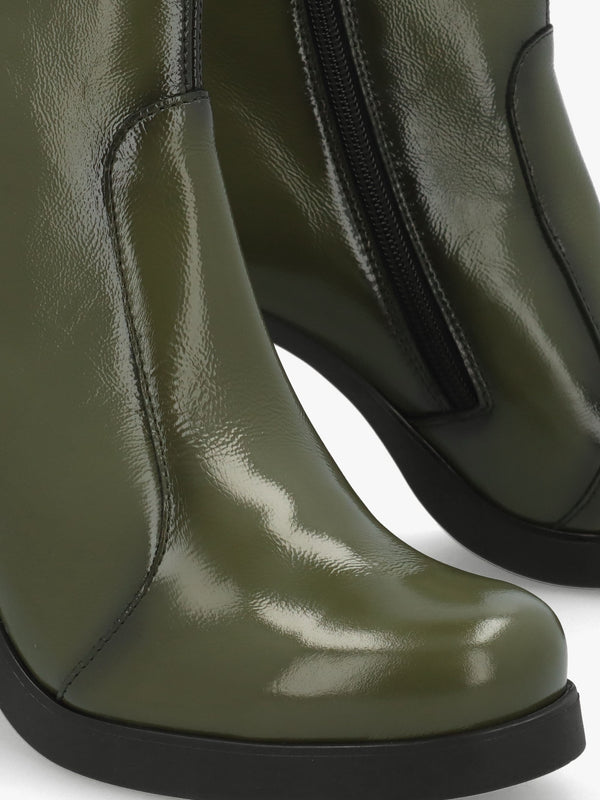 Siju Green Patent Leather Block Heel Ankle Boots
