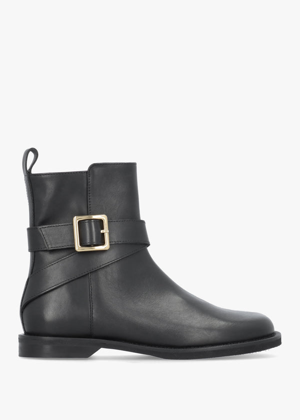 Black Leather Buckle Strap Ankle Boots
