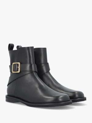 Black Leather Buckle Strap Ankle Boots