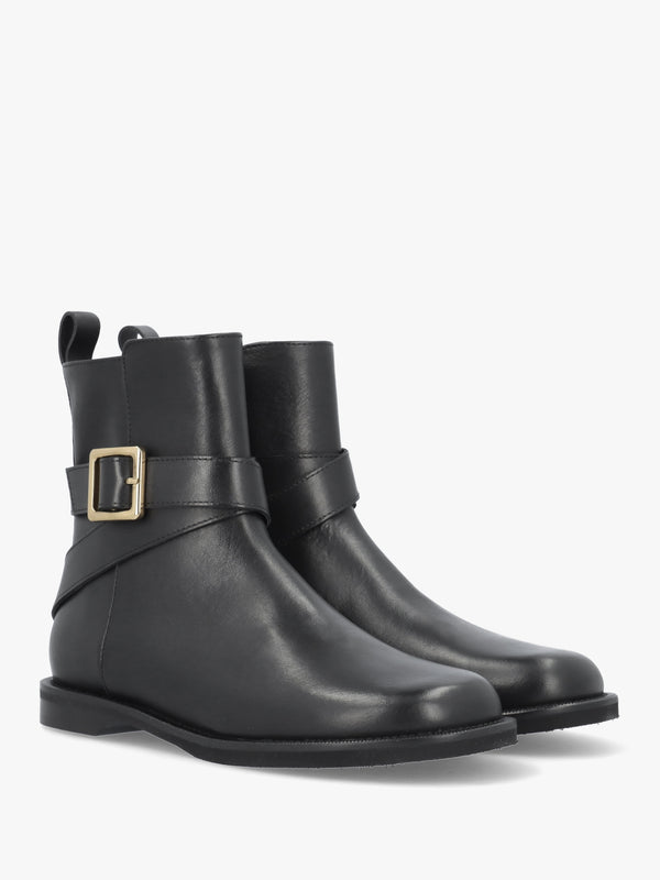 Black Leather Buckle Strap Ankle Boots