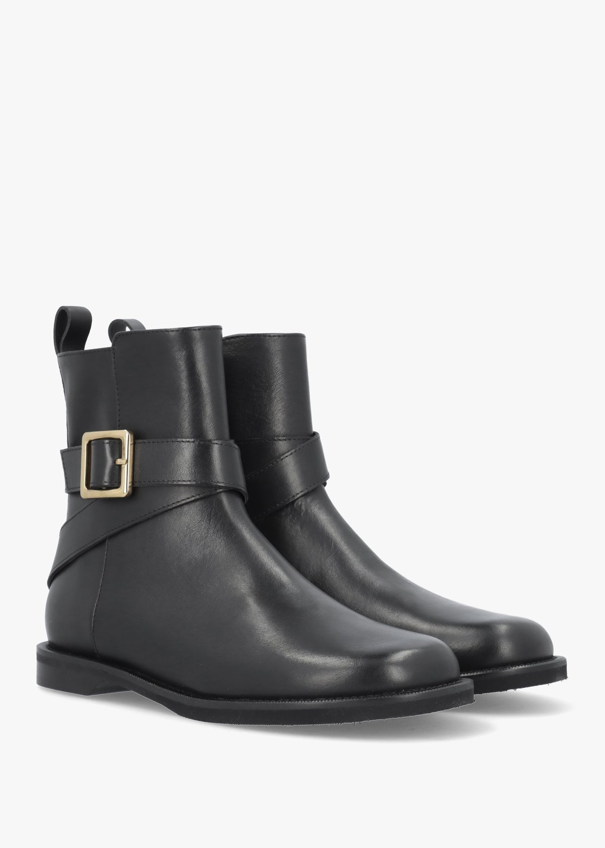 Black Leather Buckle Strap Ankle Boots