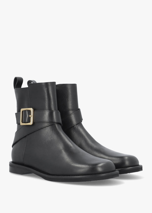 Black Leather Buckle Strap Ankle Boots
