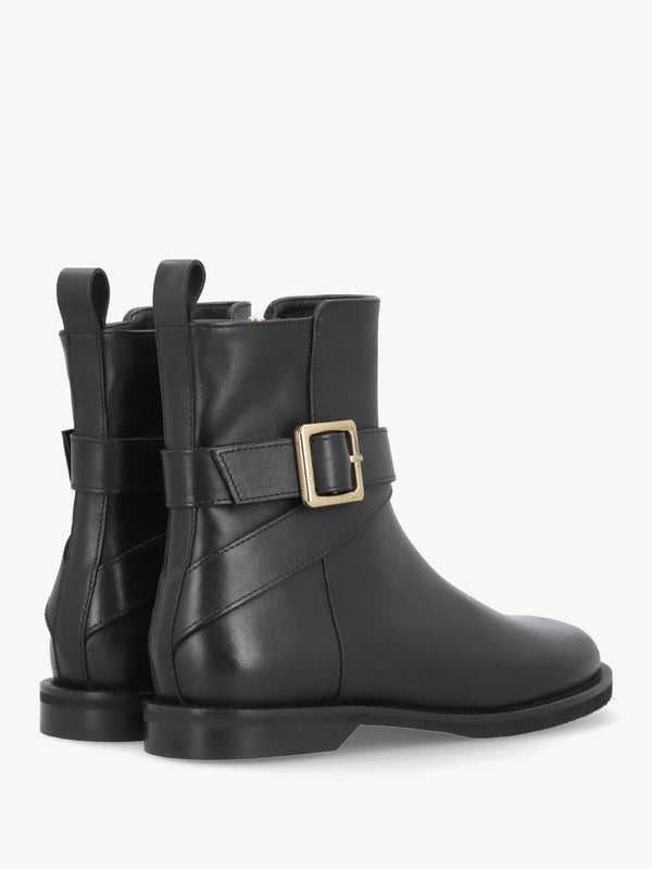 Black Leather Buckle Strap Ankle Boots