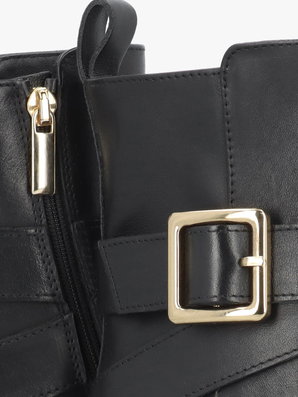 Black Leather Buckle Strap Ankle Boots