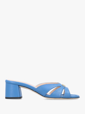 Blue Leather Cutaway Mid Heel Mules