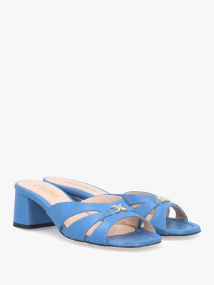 Blue Leather Cutaway Mid Heel Mules