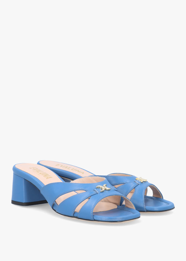 Blue Leather Cutaway Mid Heel Mules