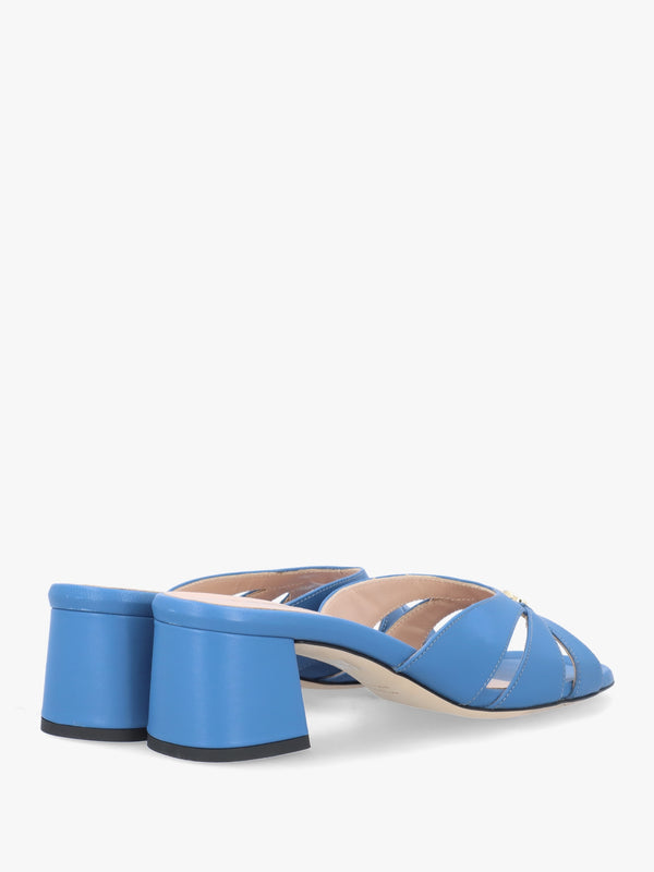 Blue Leather Cutaway Mid Heel Mules