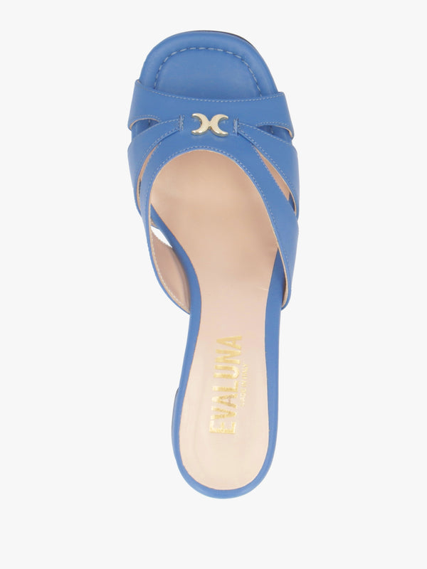 Blue Leather Cutaway Mid Heel Mules