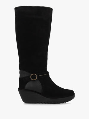 Yavu Black Suede Wedge Knee Boots