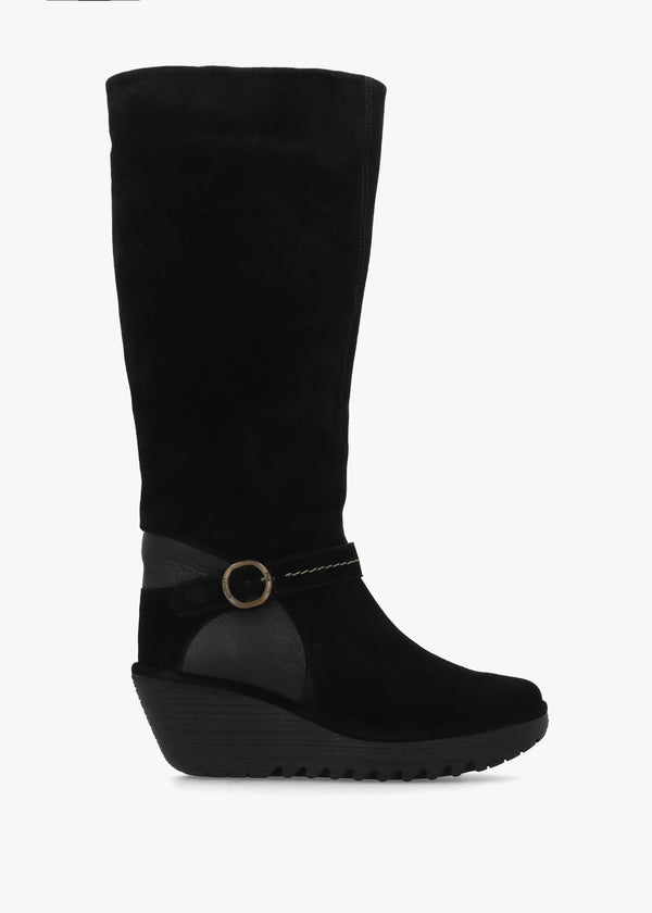Yavu Black Suede Wedge Knee Boots