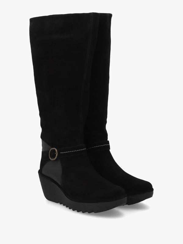 Yavu Black Suede Wedge Knee Boots