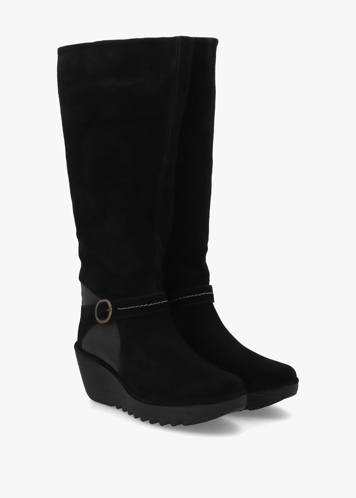 Yavu Black Suede Wedge Knee Boots