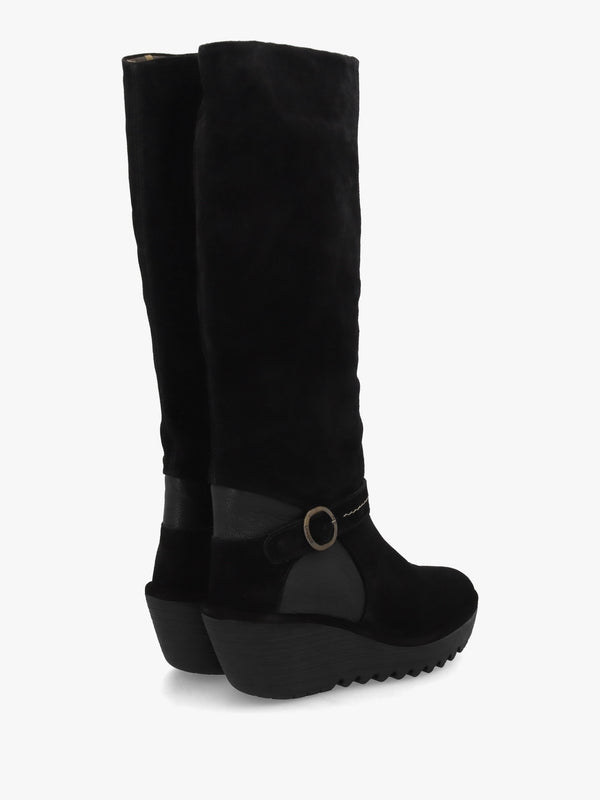 Yavu Black Suede Wedge Knee Boots