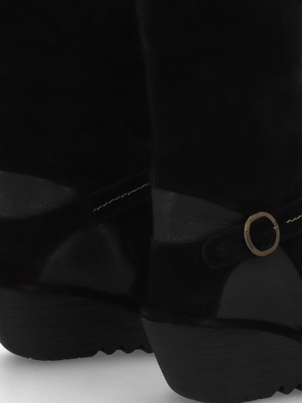 Yavu Black Suede Wedge Knee Boots