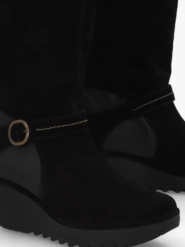 Yavu Black Suede Wedge Knee Boots