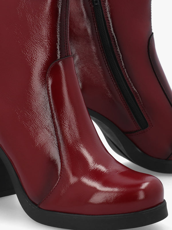 Siju Burgundy Patent Leather Block Heel Ankle Boots