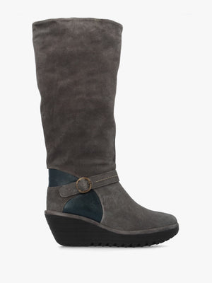 Yavu Grey Suede Wedge Knee Boots