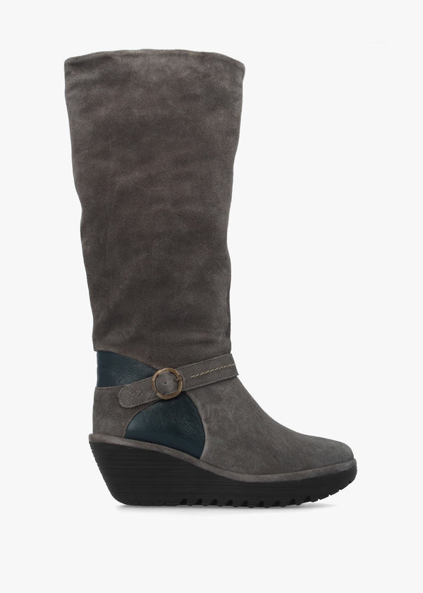 Yavu Grey Suede Wedge Knee Boots