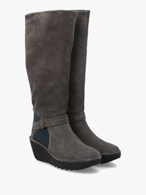Yavu Grey Suede Wedge Knee Boots