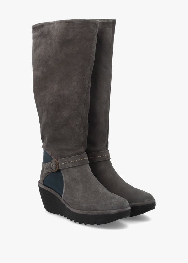 Yavu Grey Suede Wedge Knee Boots