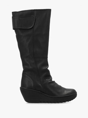 Yulo Black Leather Wedge Knee Boots